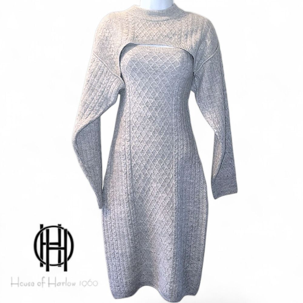 NWT House of Harlow 1960 Grey Cableknit Sweater Dress Set Cropped Shrug | Sz M